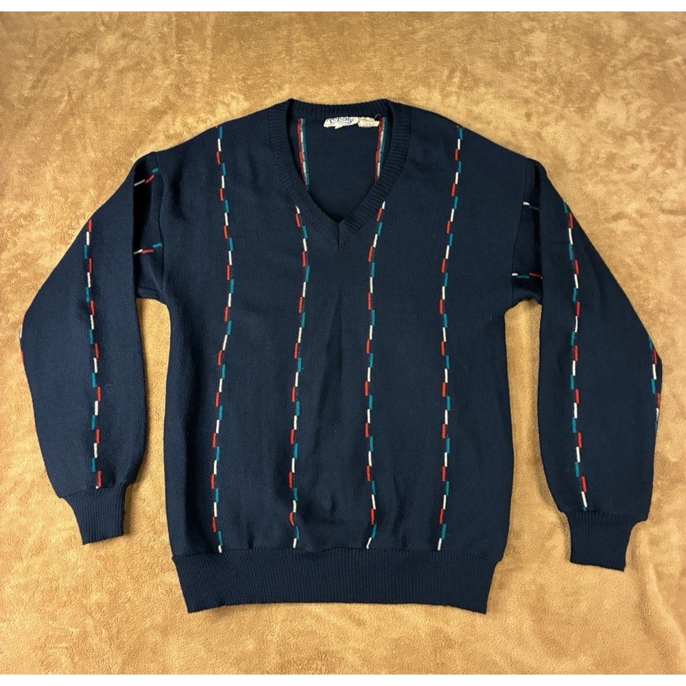 VTG Repage Mens Sweater Lg Knit Pullover Striped Long Sleeve Blue 90s Grandpa